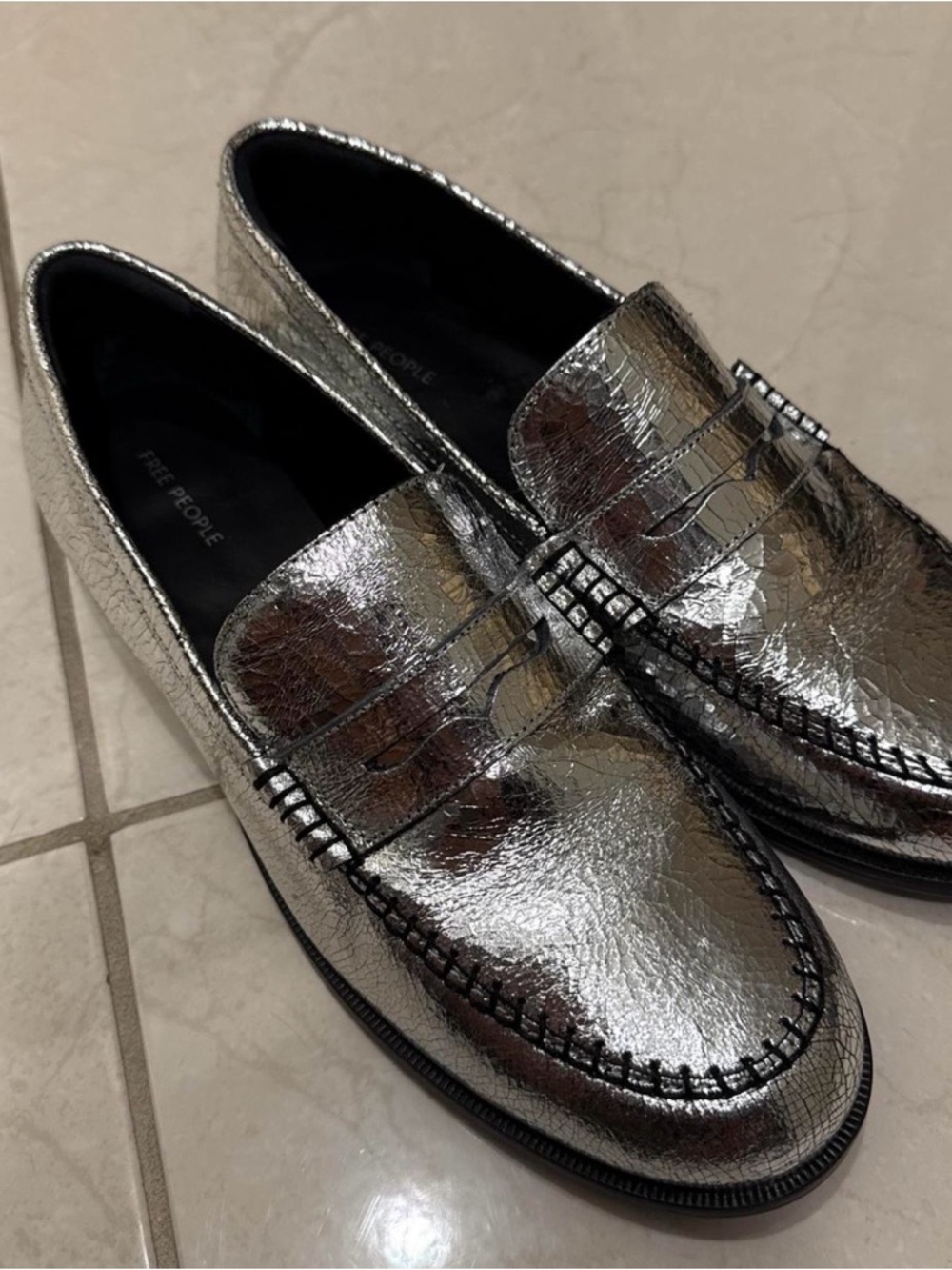 Free People Men's Shiny Silver Penny Loafers